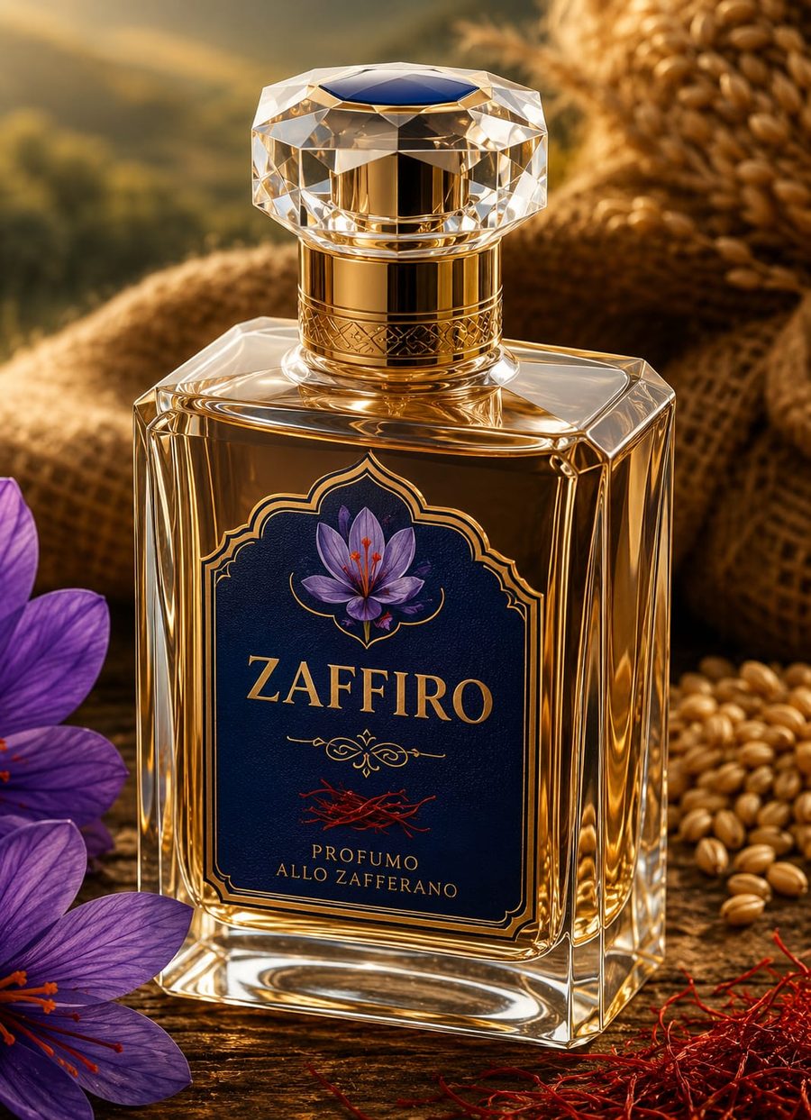 La boccetta di Zaffiro, profumo allo zafferano.